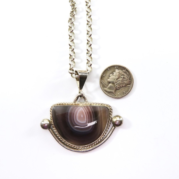 Banded Agate Pendant Necklace, Sterling, Signed - Picture 7 of 7